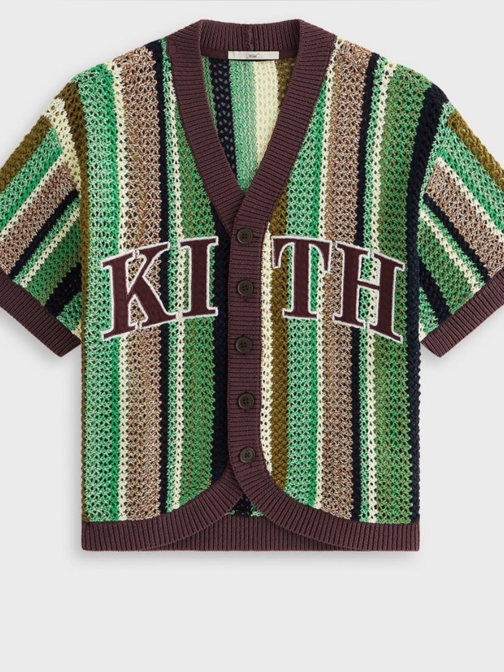 Kith Short-Sleeve Crochet Striped Cardigan in Green, Olive, Cream & Brown